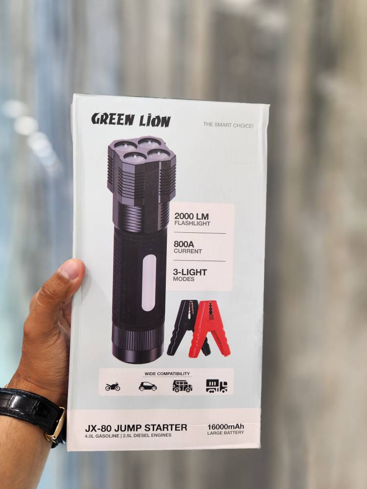 🚗 جامپ استارتر گرین لاین | ۲۰ بار استارت | پاوربانک و چراغ‌قوه 2000 لومن | 16000mAh | مدل JX-80